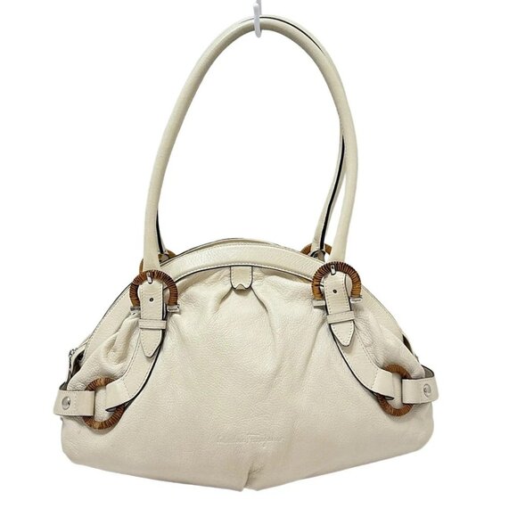 Salvatore Ferragamo Gancini - Cream Brown Leather Wood Shoulder Bag